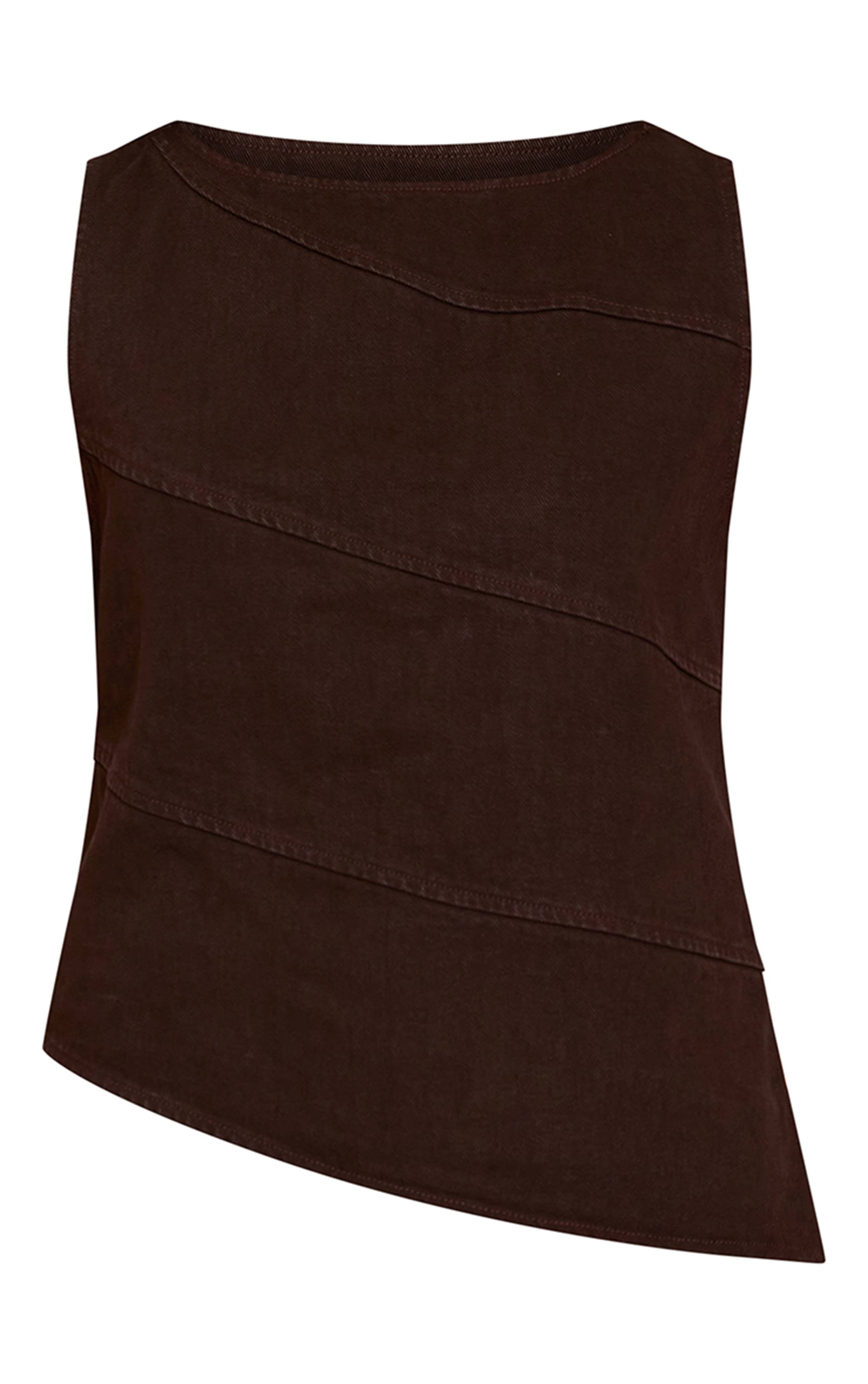 Chocolat Haut En Denim Sans Manches À Détail De Couture Asymétrique