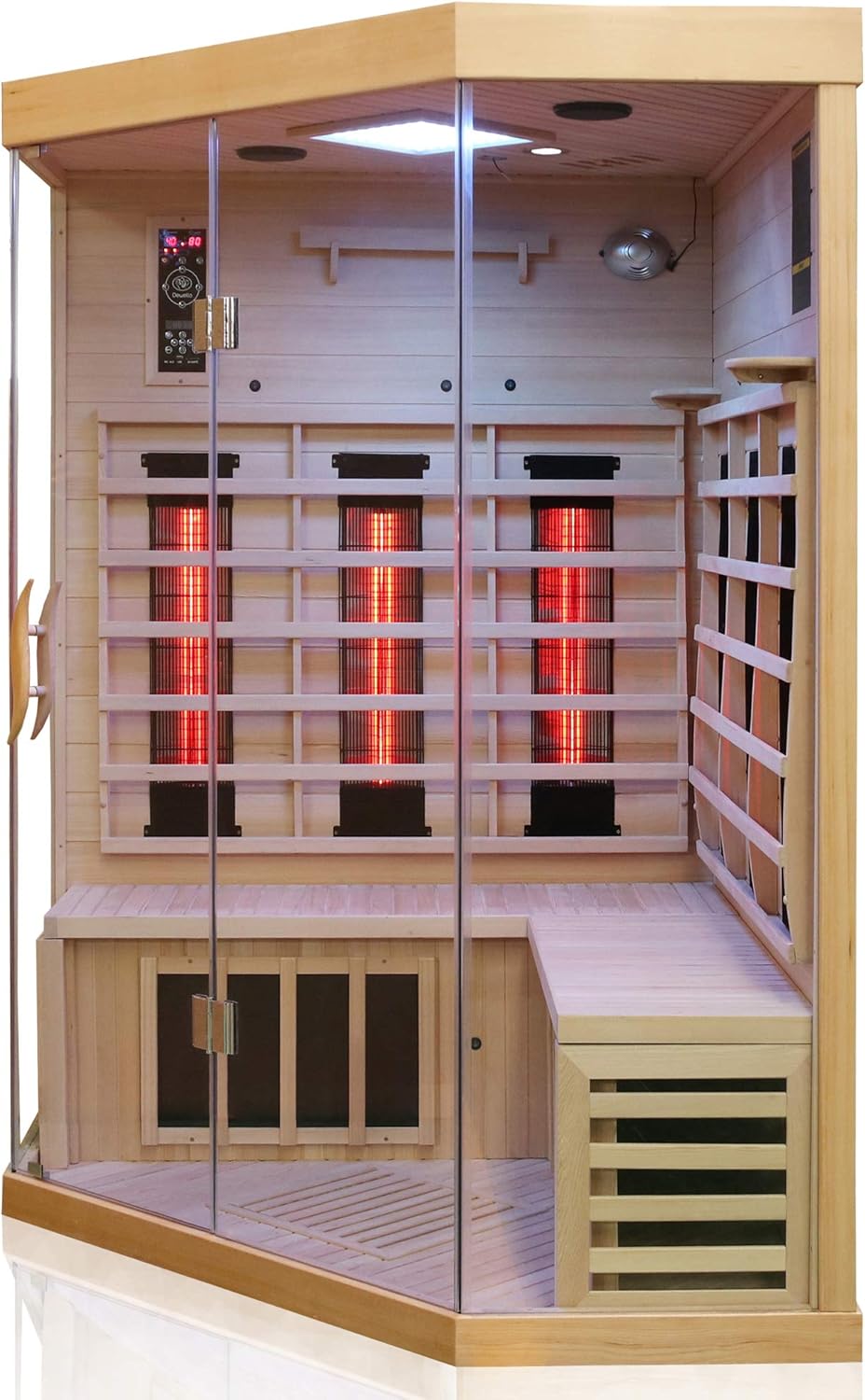 Dewello® Infrarotkabine Infrarotsauna Brandon 120cm x 120cm Dual-Therm für 1-2 Personen aus Hemlock Holz mit Vollspektrumstrahler, Bodenstrahler, LED-Farblicht, Bluetooth, FM,MP3,USB