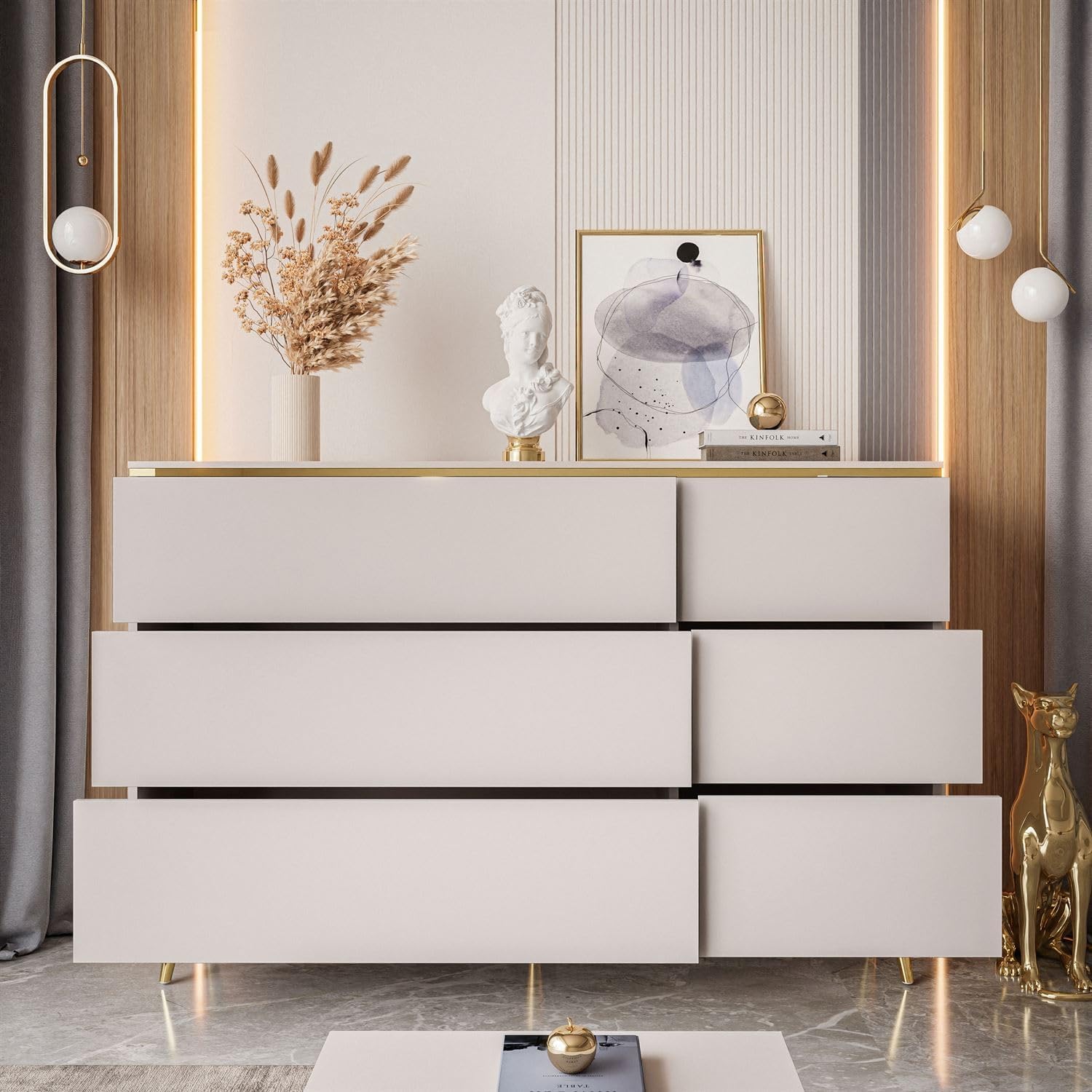 Lookway Kommode Aurora Kaschmir 6 Schubladen Weiß Hochglanz mit Golddekor, Hängend oder auf Goldfüßen – Modernes Design & Luxus für Wohnzimmer (Schräge Füße – Gold Chrom)