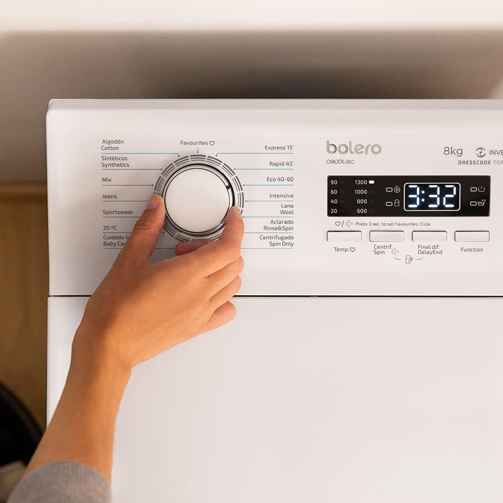 Cecotec Toplader-Waschmaschine 8 kg Bolero DressCode Top Max 80 Inverter A. 1900W, programmierbare 1300 U/min, 16 Programme, niedriger Energieverbrauch, Inverter Plus Motor, Dampfreinigung, DelayStart