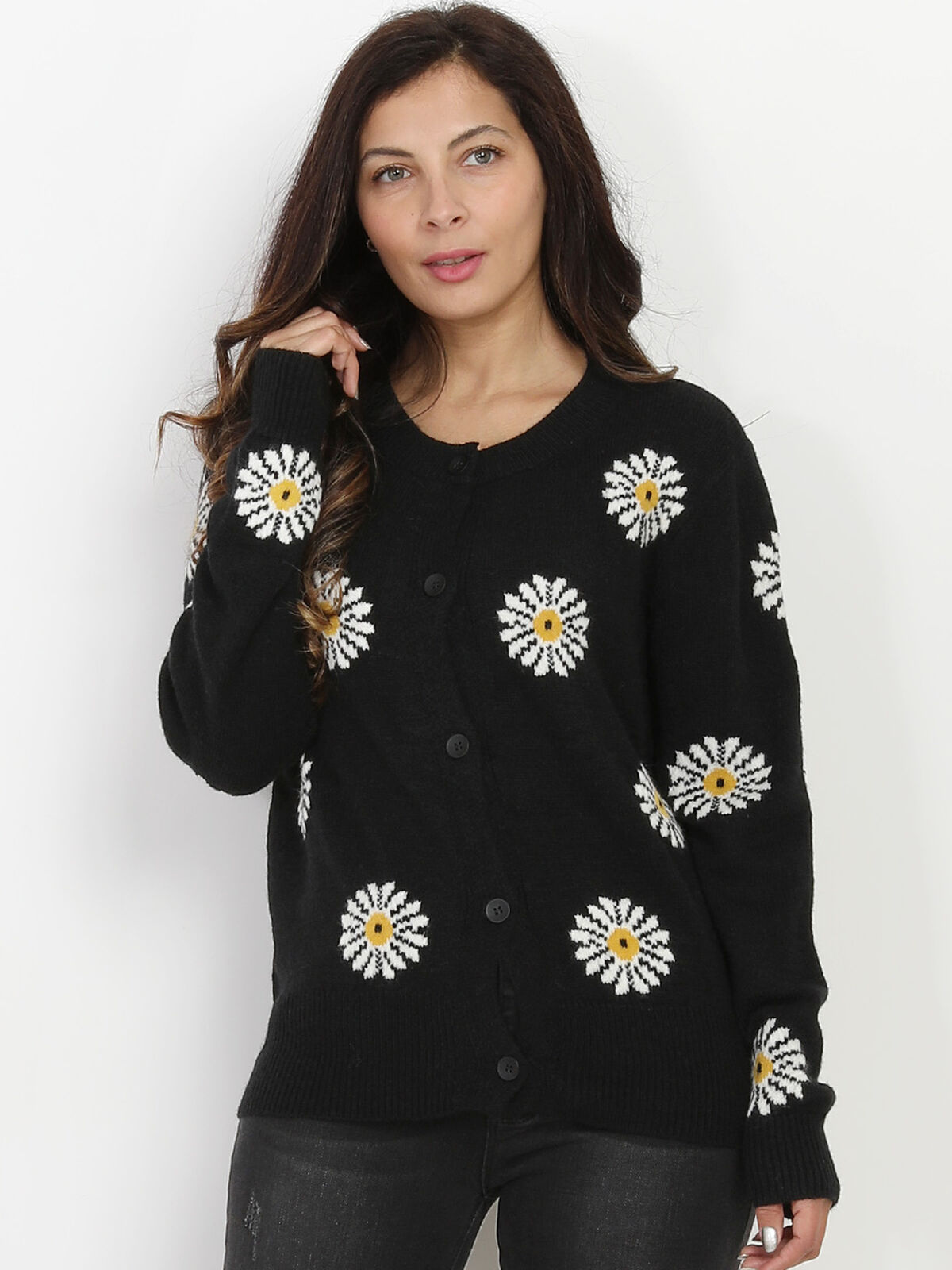 Gilet en maille à motif floral- Noir