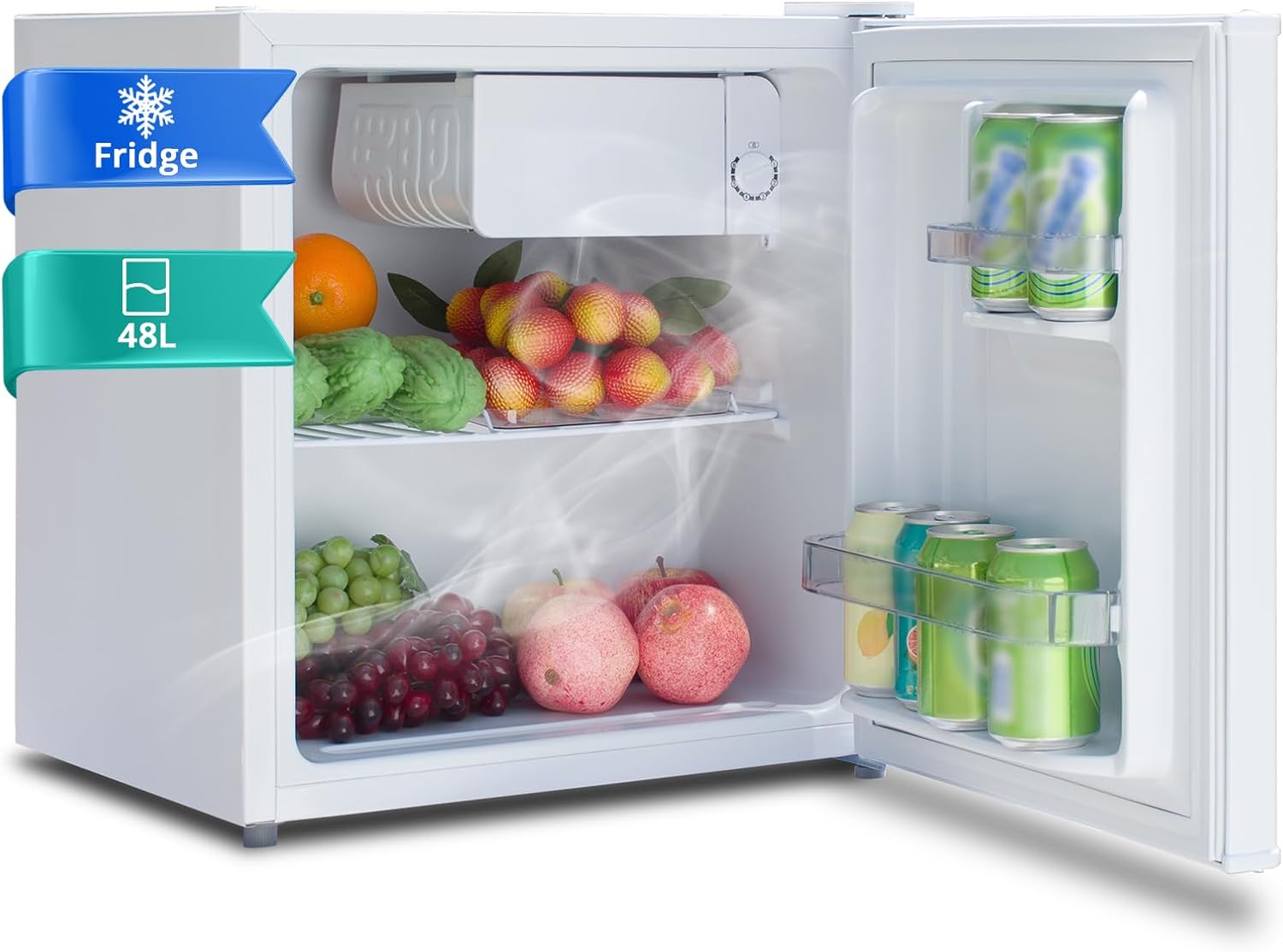 SMETA Mini-kühlschränke 48L, Klein Kühlschrank mit Gefrierfach, 230V Leise Tischkühlschrank für Büro, Camping, Schlafzimmer & Hotel mit Umkehrbarer 6-Stufen Thermostat, 39dB, 0-10℃