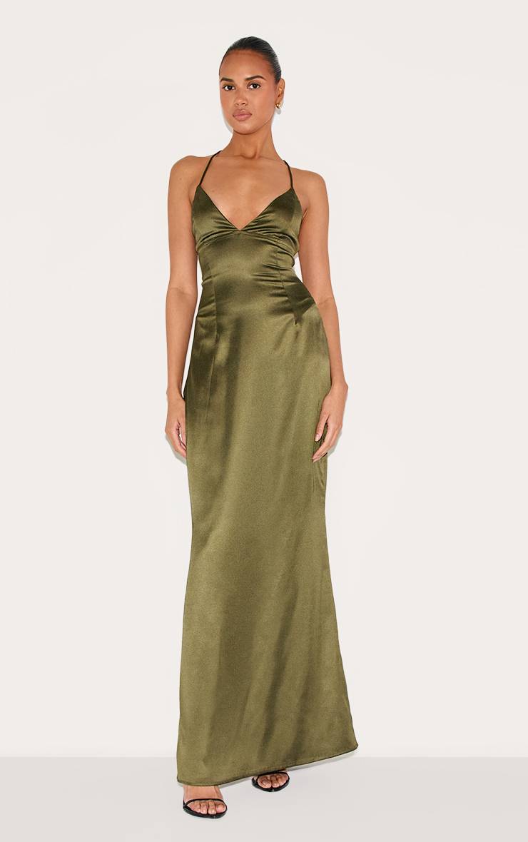 Vert Olive Robe Longue En Satin Avec Nœud Au Dos