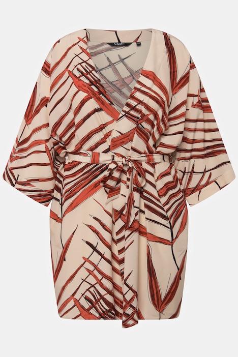 Kimono, Palmen, offene Form, Bindegürtel, 3/4-Arm