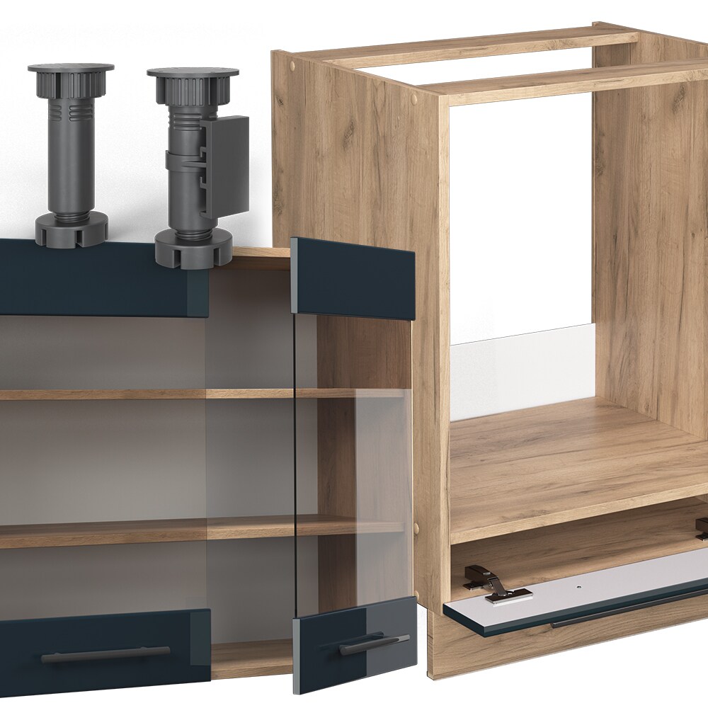 Vicco Eckküche Fame-Line Eiche Dunkelblau Hochglanz 160 x 190 cm mit Arbeitsplatte Weiß-Marmor