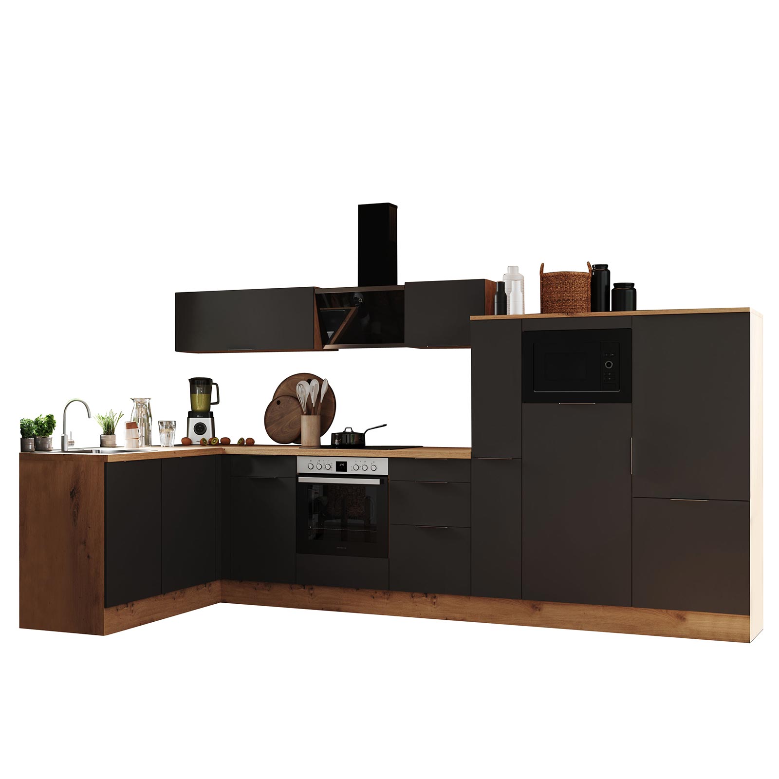 RESPEKTA Winkelküche - grau matt - Artisan Eiche - mit E-Geräten - 370 cm