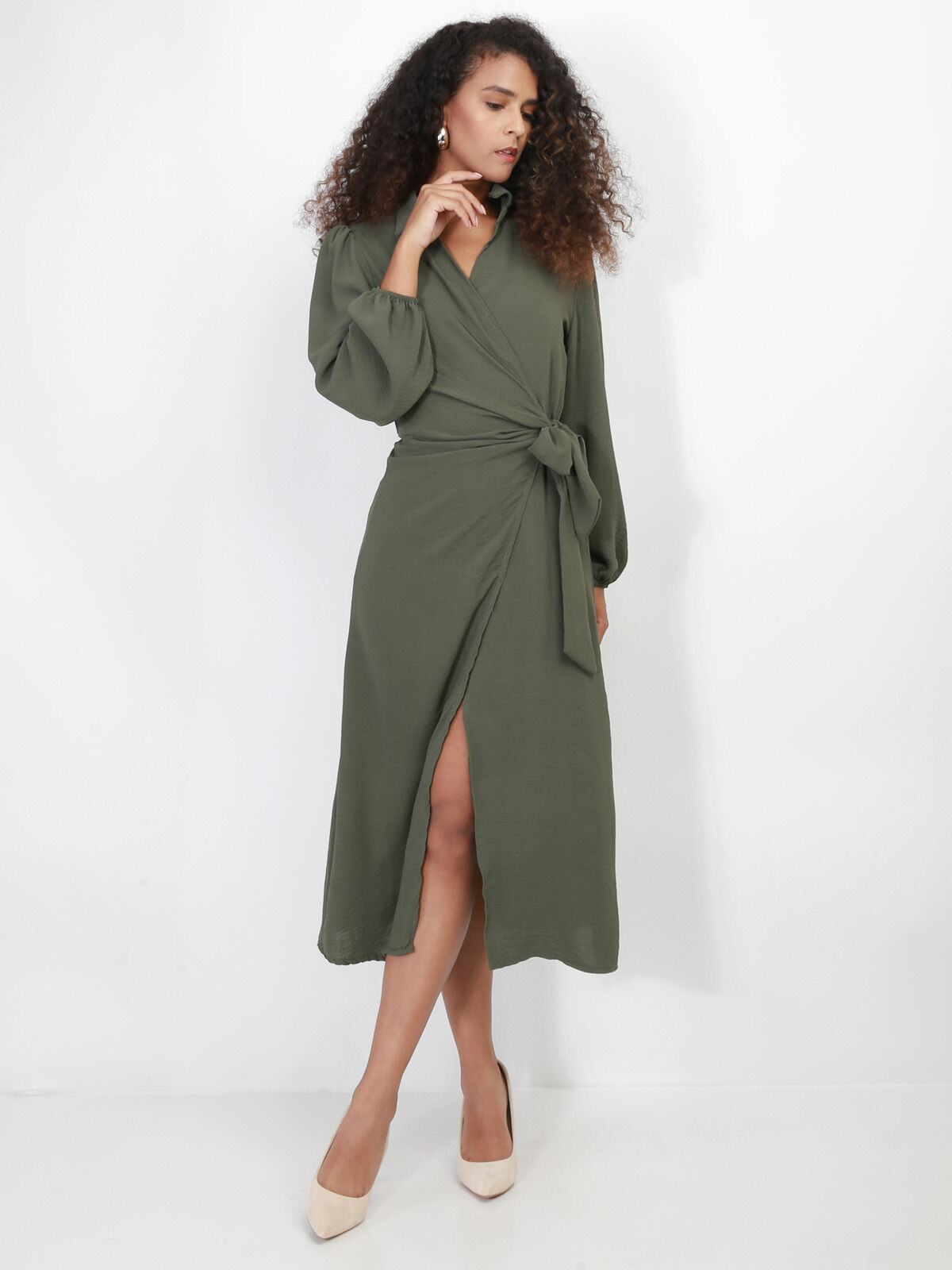 Robe cache-coeur longue à nouer- Kaki