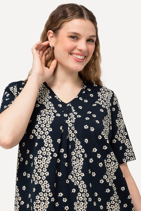 T-Shirt, Blüten, Zierfalten, V-Ausschnitt, Halbarm