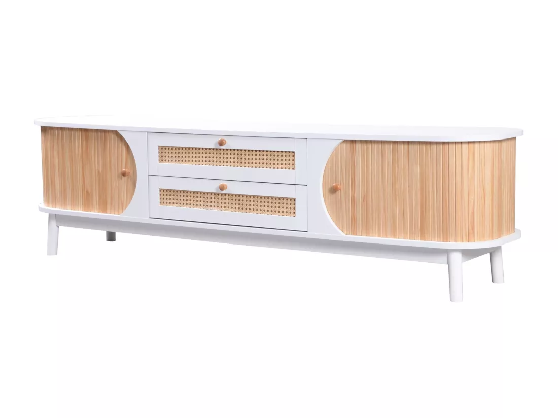 Meuble TV 170x39.5x46cm - Meuble TV en bois avec portes et tiroirs en rotin style maison de campagne pour rangement - blanc