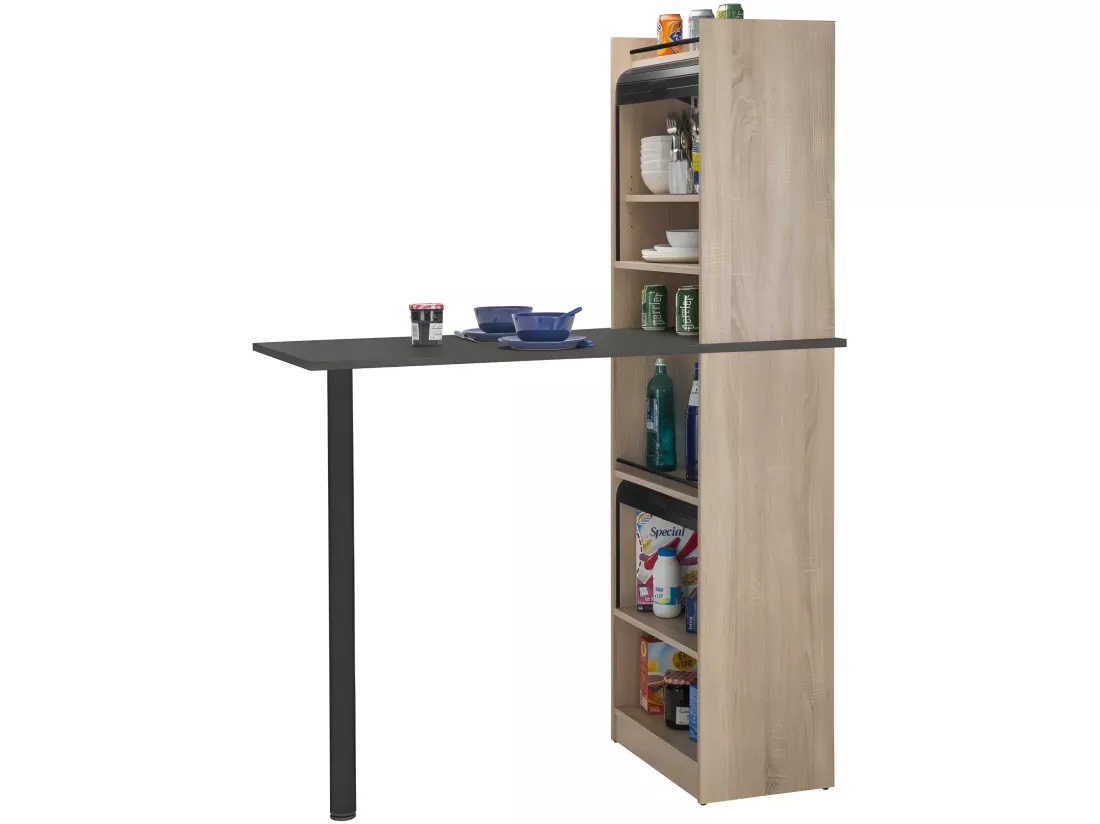 Table de cuisine et 2 Meubles de rangement chene - Coloris: Noir