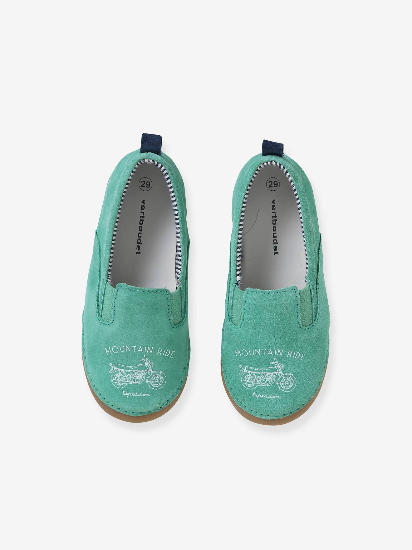 Pantufas de couro elástico para meninos, verde-escuras lisas com estampas.