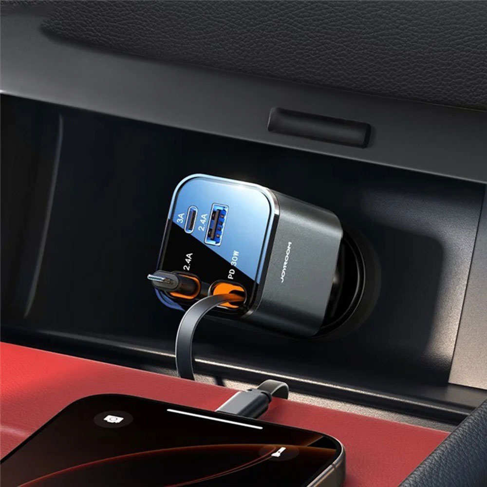 (65W) USB C / USB A Auto KFZ Ladegerät Netzteil PD 3.0 / QC 3.0 mit Ausziehbares USB C / Lightning Ladekabel - Silber / Schwarz