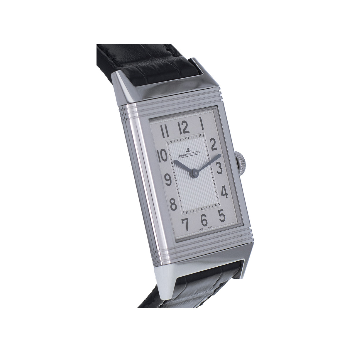 Montre d'occasion Jaeger Lecoultre Reverso homme mécanique acier bracelet cuir noir