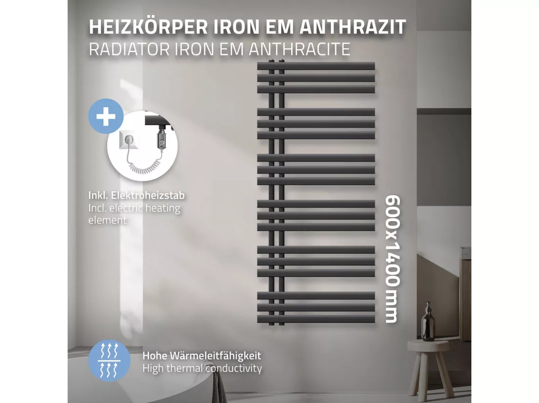 Design Radiateur DHK Iron EM, élément chauffant 900W, 600 x 1400 mm, anthracite