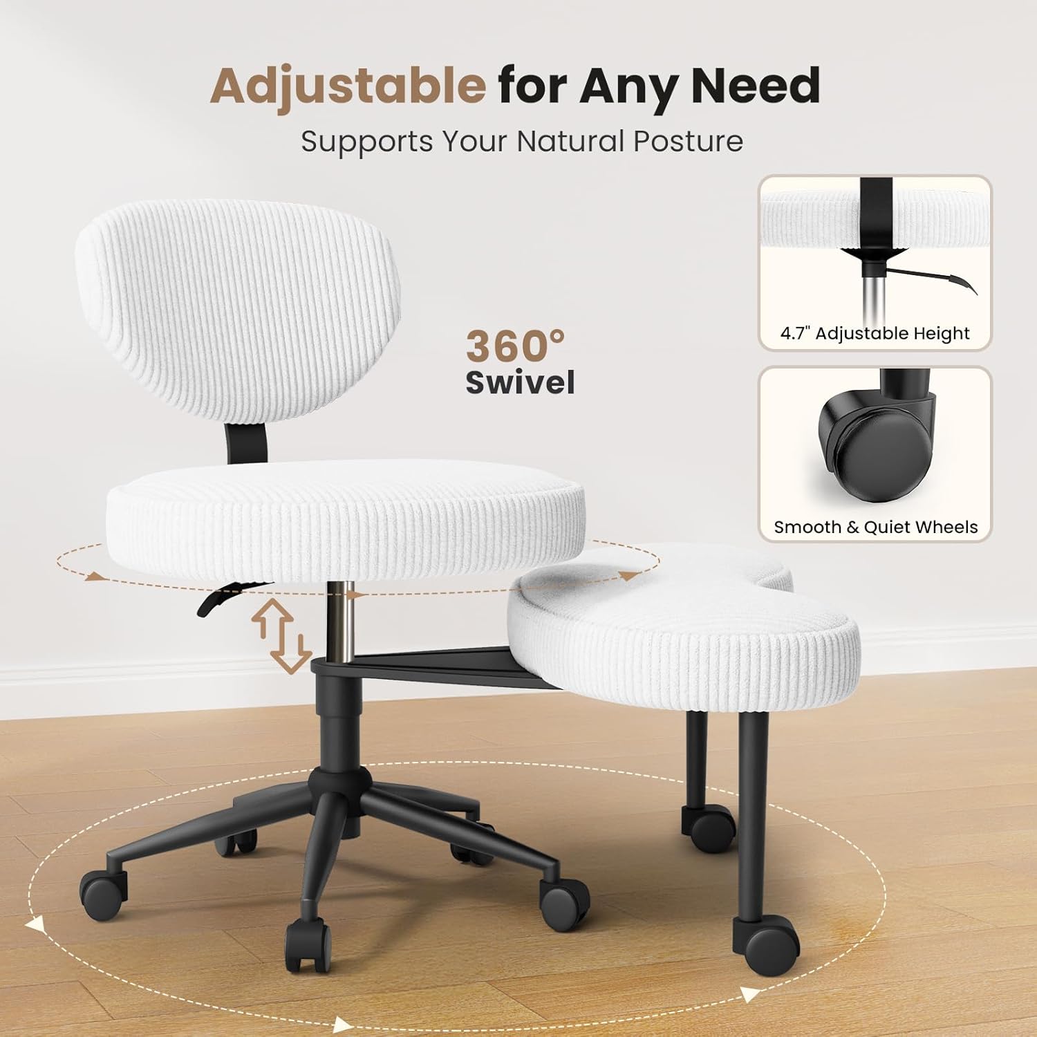 Bürostuhl mit Kreuzbeinen, 360° drehbar, ergonomischer Kniestuhl, Criss Cross Schreibtischstuhl mit Verstellbarer Höhe, ADHS-Meditationsstuhl mit Rückenstütze, Cordstoff, Weiß