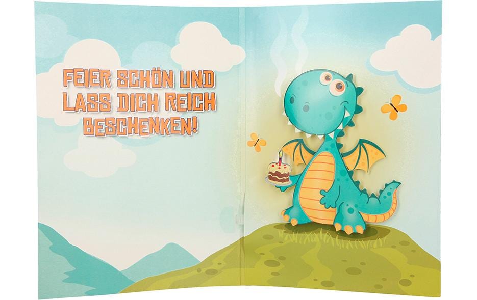 Musikkarte beweglich Geburtstag, ein Jahr vorbeiGeburtstagskarte mit Musik und Dinosaurier Motiv