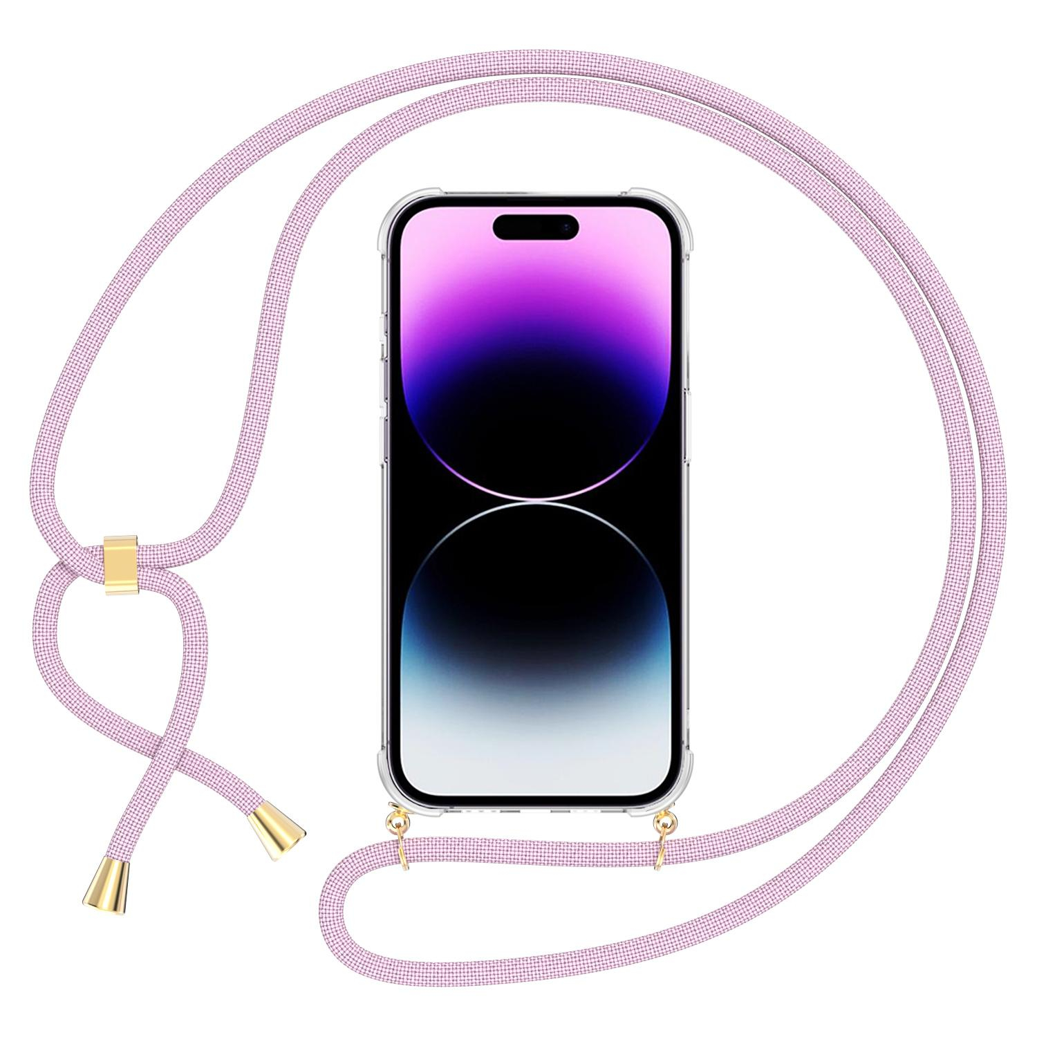 iPhone 14 Pro Necklace Gummi Hülle Air Cushion Fallschutz   Handykette (150cm) - Transparent / Roségold