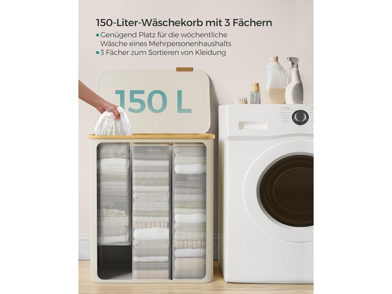 Songmics Wäschekorb  130 l, Beige Wäschesammler mit drei Fächern