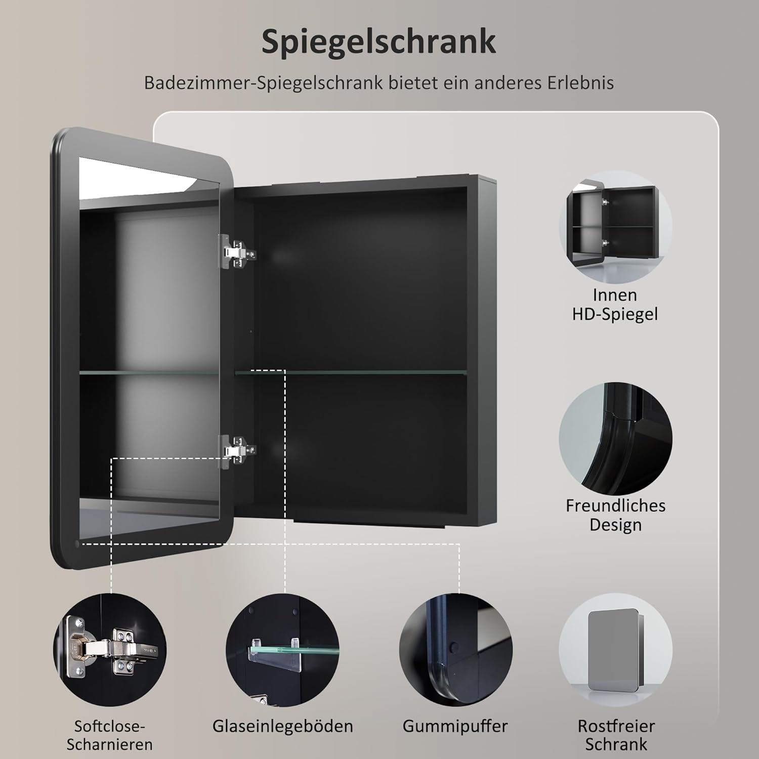 Spiegelschrank Schwarz Spiegelschrank 40x60cm Bad Metall Badezimmerschrank mit Spiegel Badezimmerspiegelschrank mit Verstellbare Glasablage