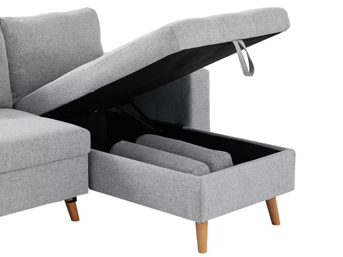 Canapé d'angle convertible et réversible en tissu gris clair avec coffre de rangement KORI