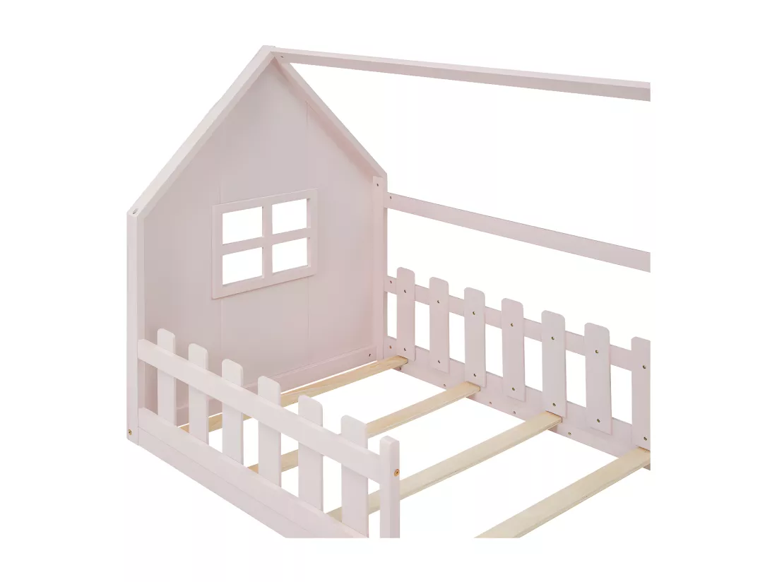 Lit cabane pour enfant 90x200 cm - en forme de maison - en bois de pin et MDF - Rose