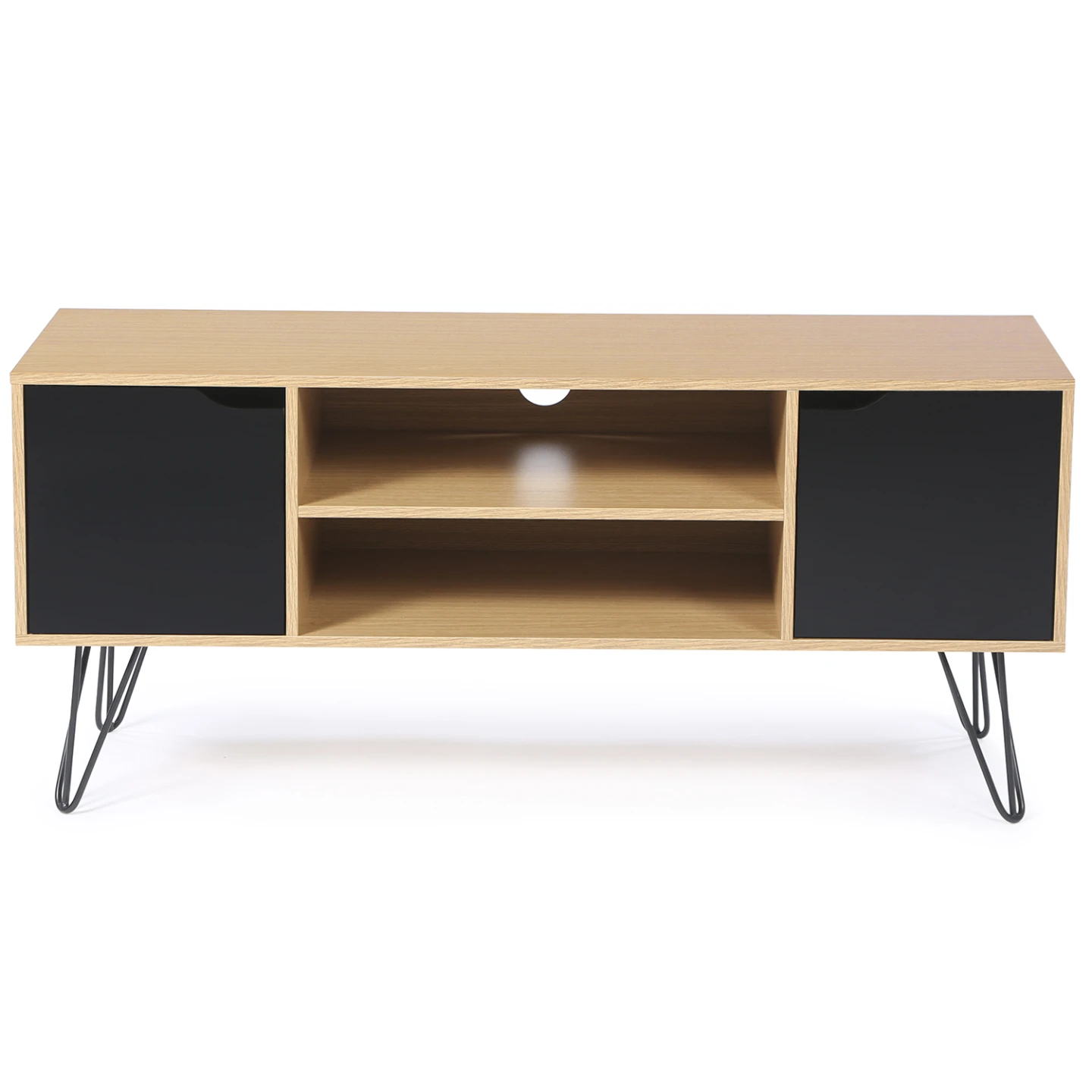 Meuble TV 113 cm vintage NOEMI pied épingle bois portes noires