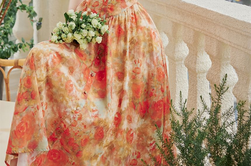 Nebbia - Mouwloze maxi-A-lijnjurk met bloemenprint / licht vest / set