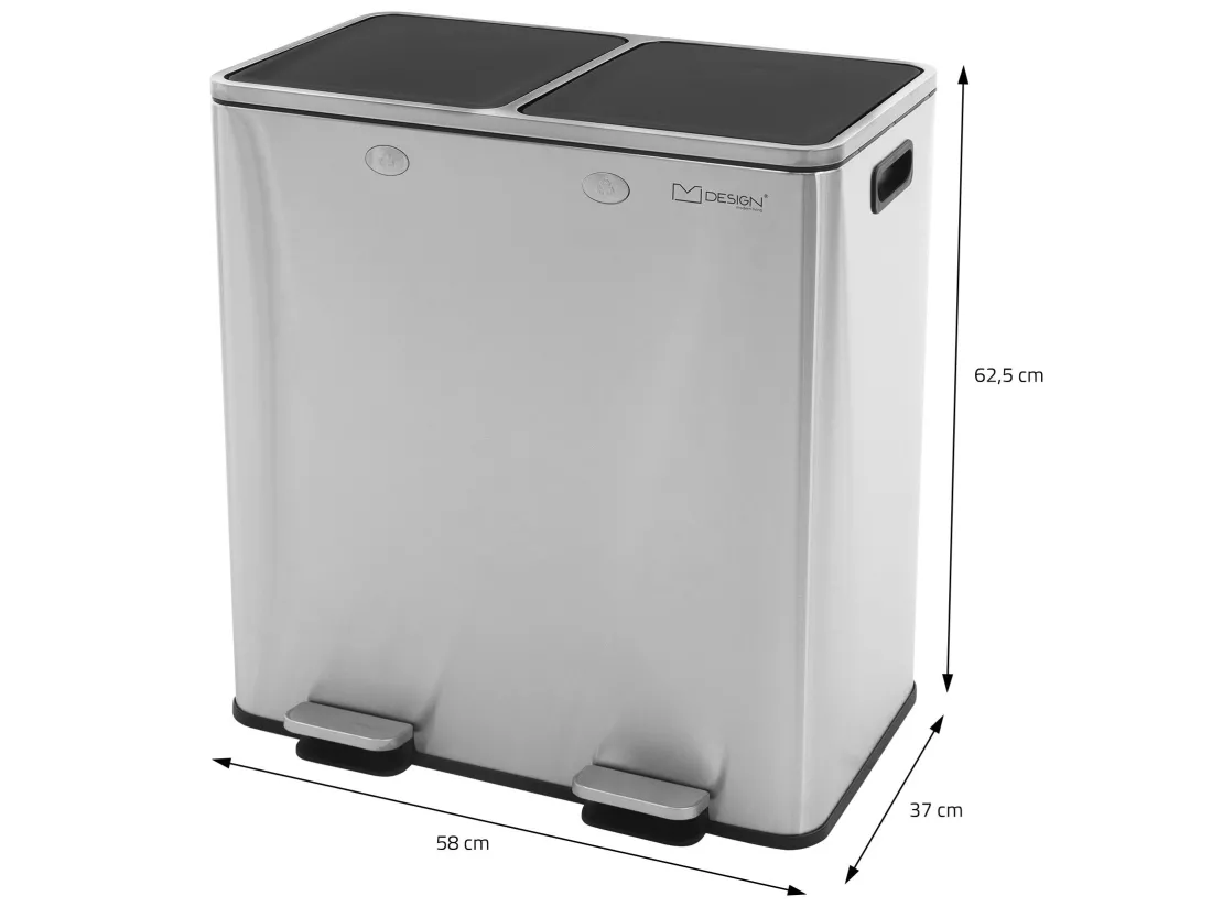 Poubelle double cuisine à pédale tri déchets ménagers 2 bacs 2x30L argent 60L