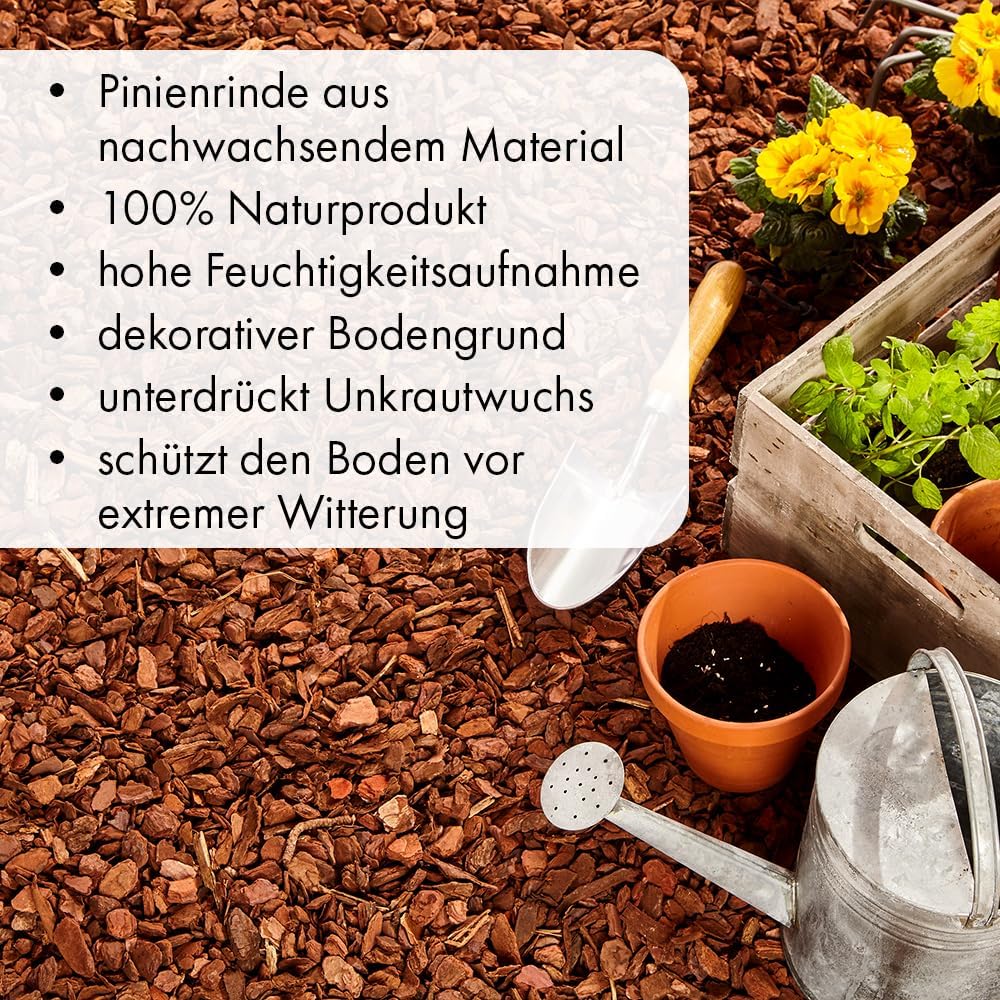 Premium Pinie 600 Liter | fein, mittel, grob oder extra grob | Pinienrinde: Der besondere Rindenmulch | Pinienborke als dekorativer Bodenbelag (extra grob (Körnung 20-80 mm))