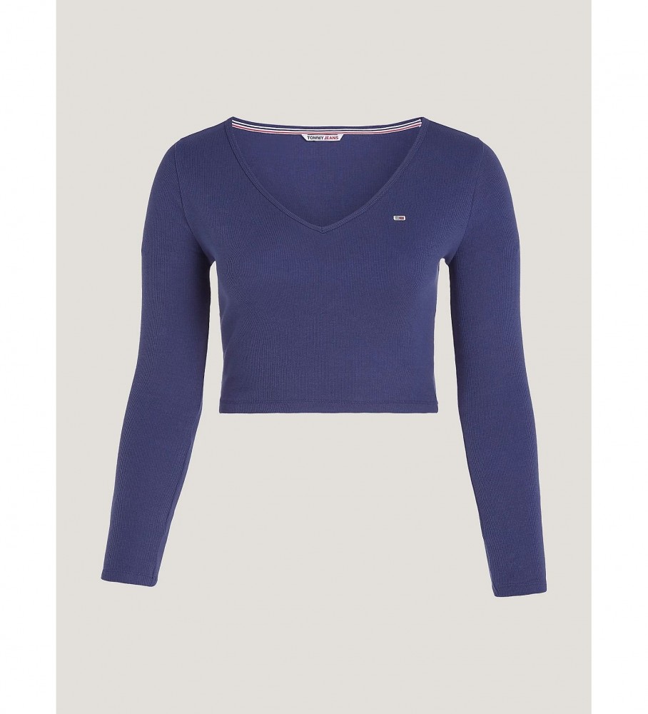 Camiseta cropped de manga comprida Tommy Jeans Essential na cor azul marinho.