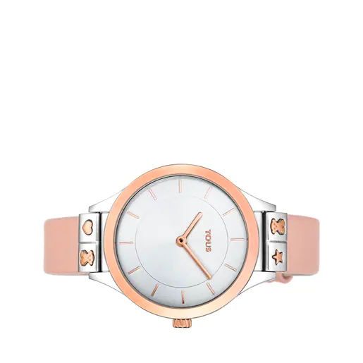 Relógio analógico Lord em aço com revestimento IP rosé e pulseira de couro nude.