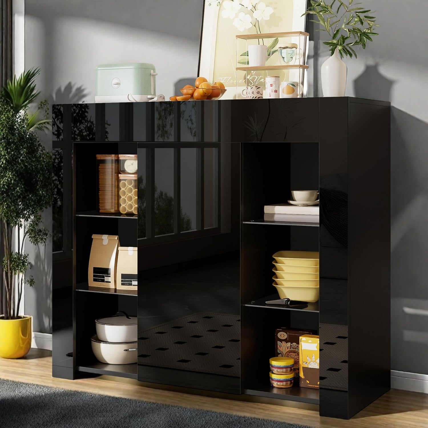 Sideboard mit Türen, Küchenschrank mit Glasböden und Trennwände, Modernes Kommode mit Stauraum, für Küche, Wohnzimmer & Esszimmer, Griffloses Design, 95x35x83cm, Schwarz