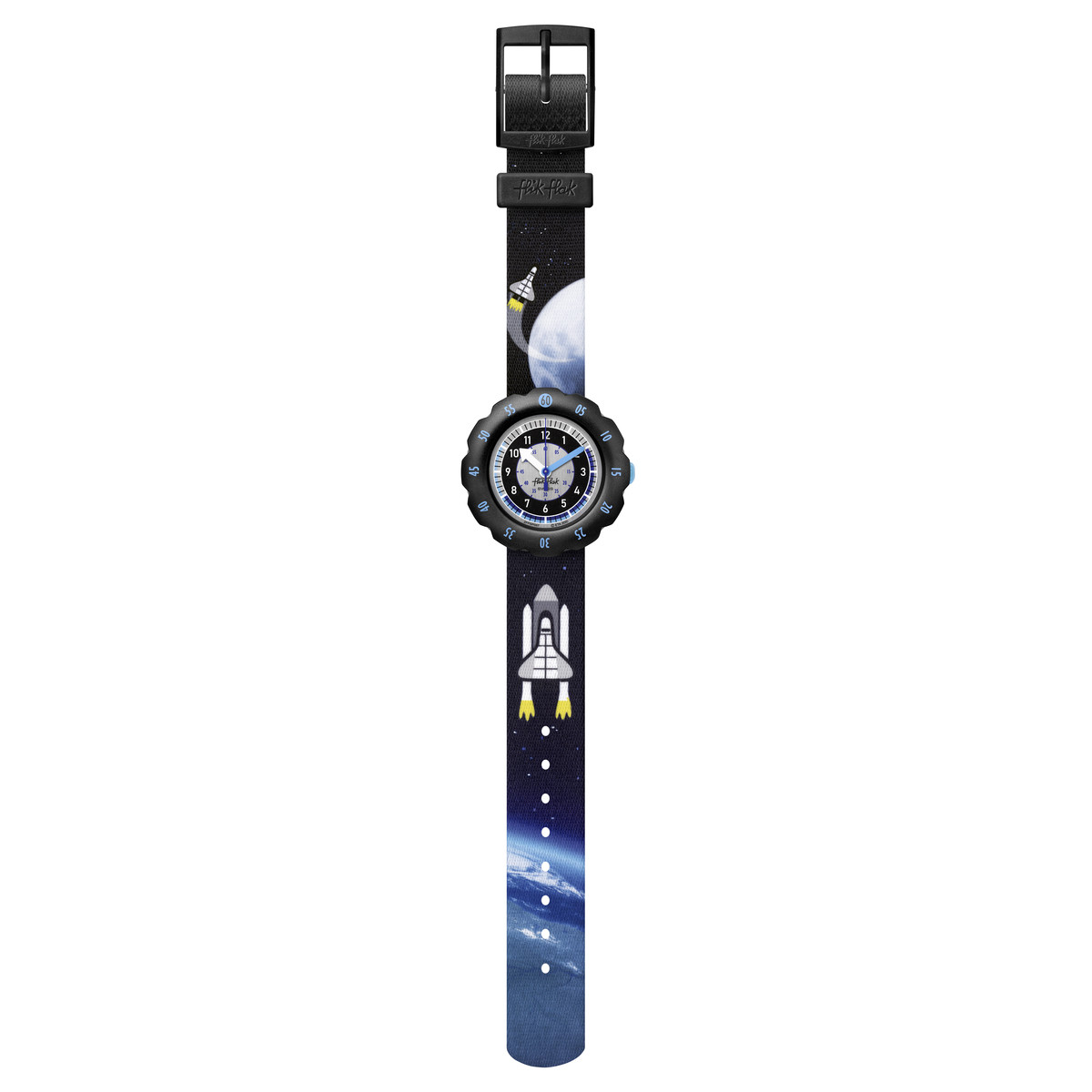 Montre FLIK FLAK Space trip Moon and back enfant plastique biosourcé bracelet PET recyclé noir