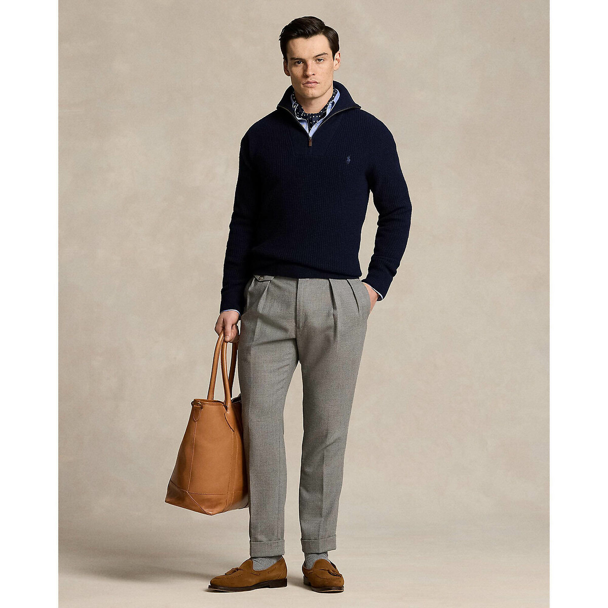 POLO RALPH LAUREN<br>Suéter com gola trucker e zíper frontal de 1/2, algodão/lã
