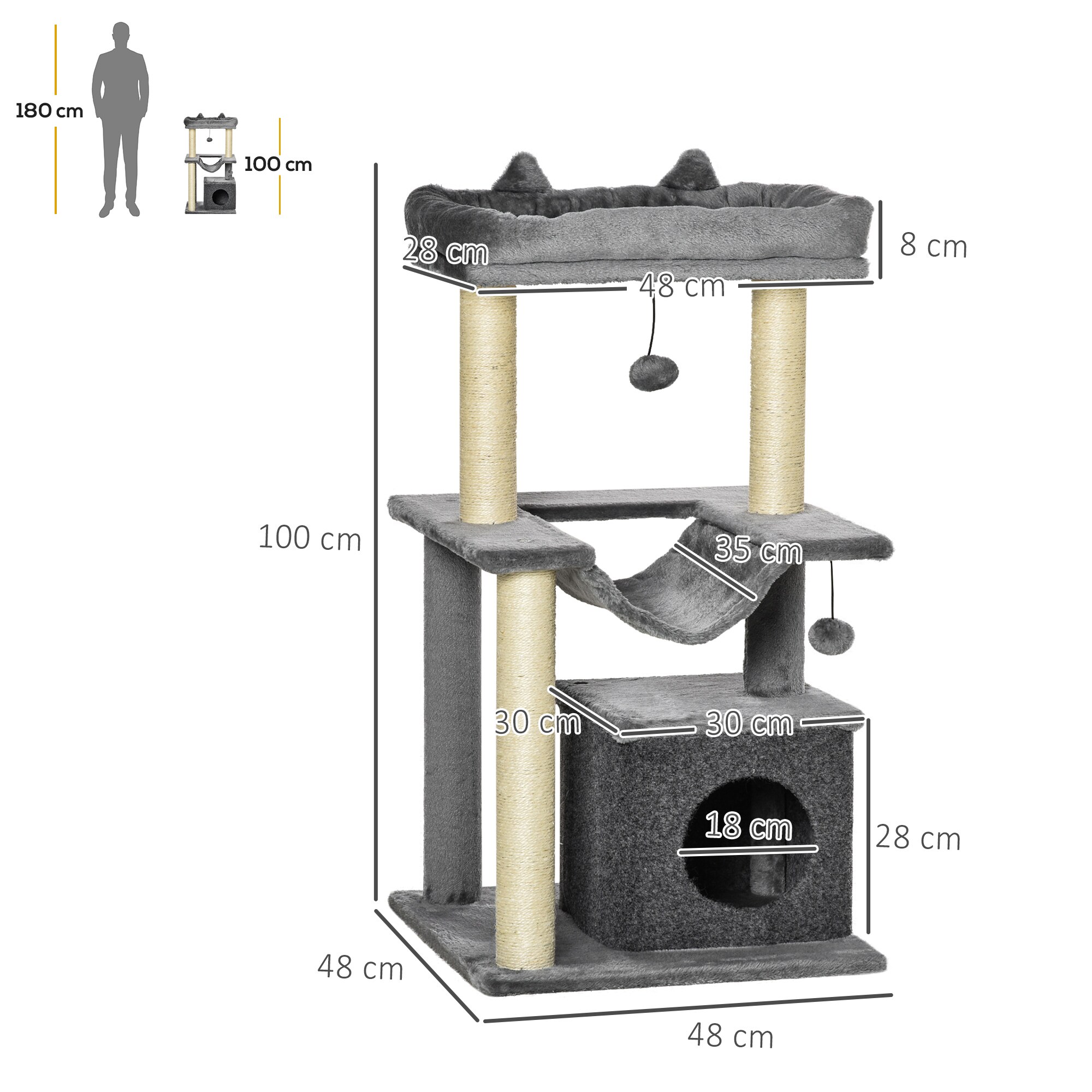 PawHut Kratzbaum mit Höhle grau 48L x 48B x 100H cm