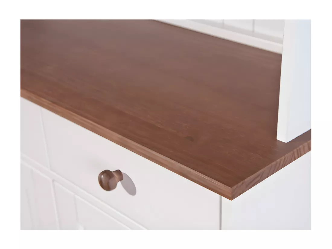 SOCOA - Buffet Vaisselier 5 Portes 3 Tiroirs Bois Massif Vernis Sepia et Blanc