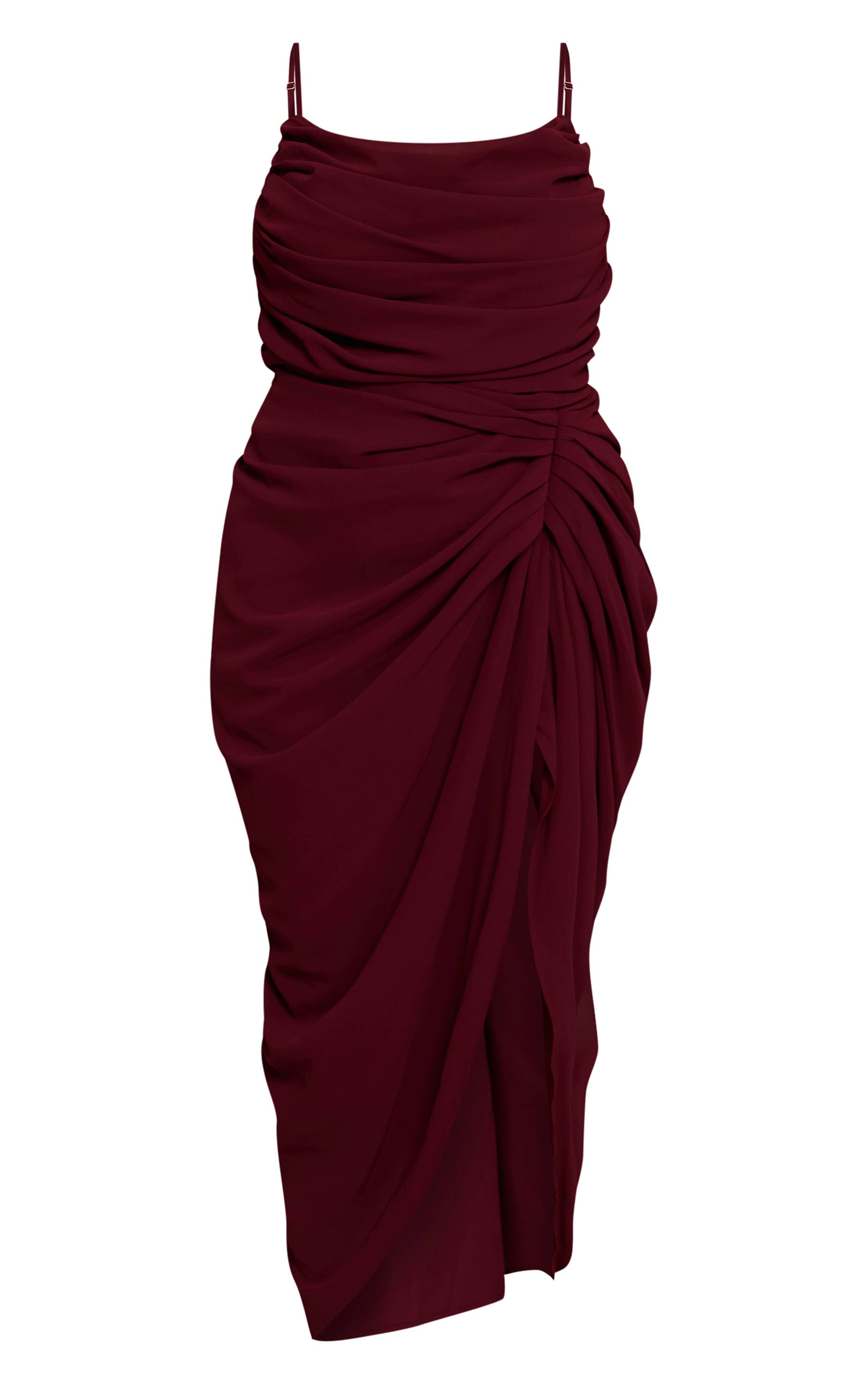 Rouge Vin Robe Midi Drapée Froncée En Mousseline Bleu Clair Grande Taille