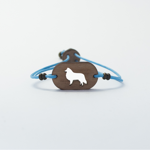 Pulseira de madeira personalizável com Collie na cor azul.