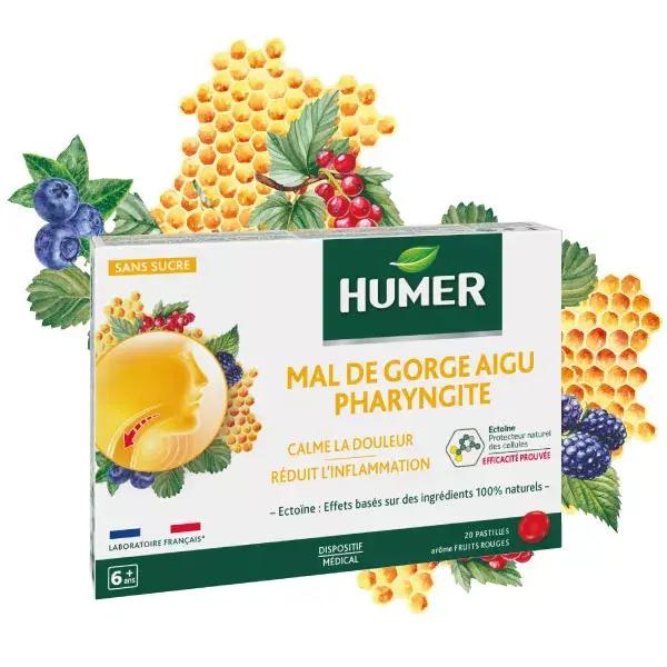 Humer Faringite Aguda de Garganta Vermelha, para crianças a partir de 6 anos, 20 pastilhas.