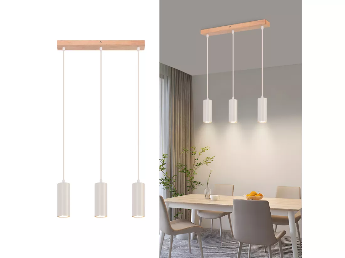 NETTLIFE Suspension 3 ampoules lampe de salle à manger bois - lampe suspendue vintage GU10