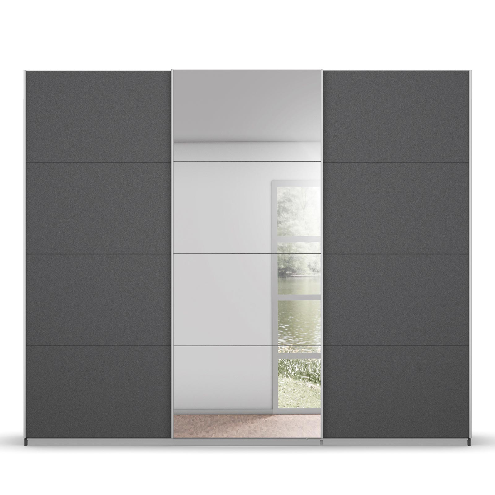 Schwebetürenschrank - grau metallic - mit Spiegel - 271x229 cm