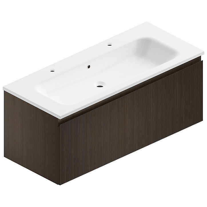Meuble sous vasque à suspendre Pura placage noyer strié 120 cm + Plan vasque en résine blanc brillant