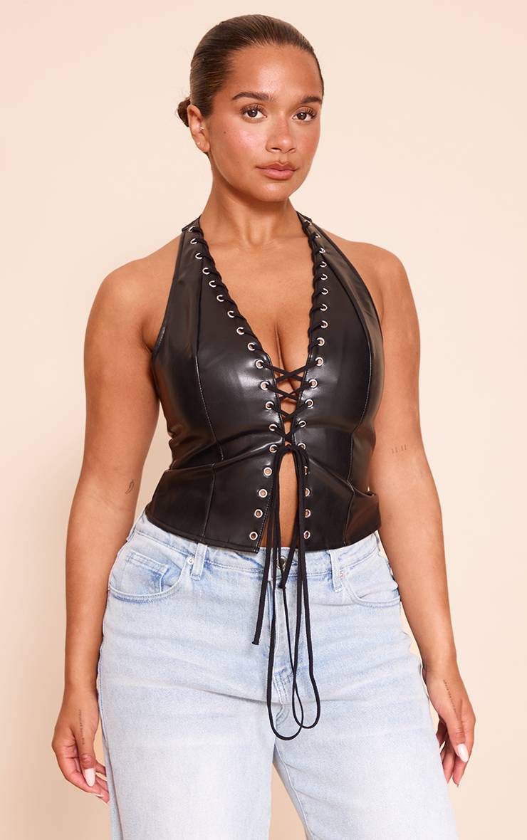 Deep Black Corset Shape En Synthétiquecuir Noir À Encolure Dos-nu Avec Laçage