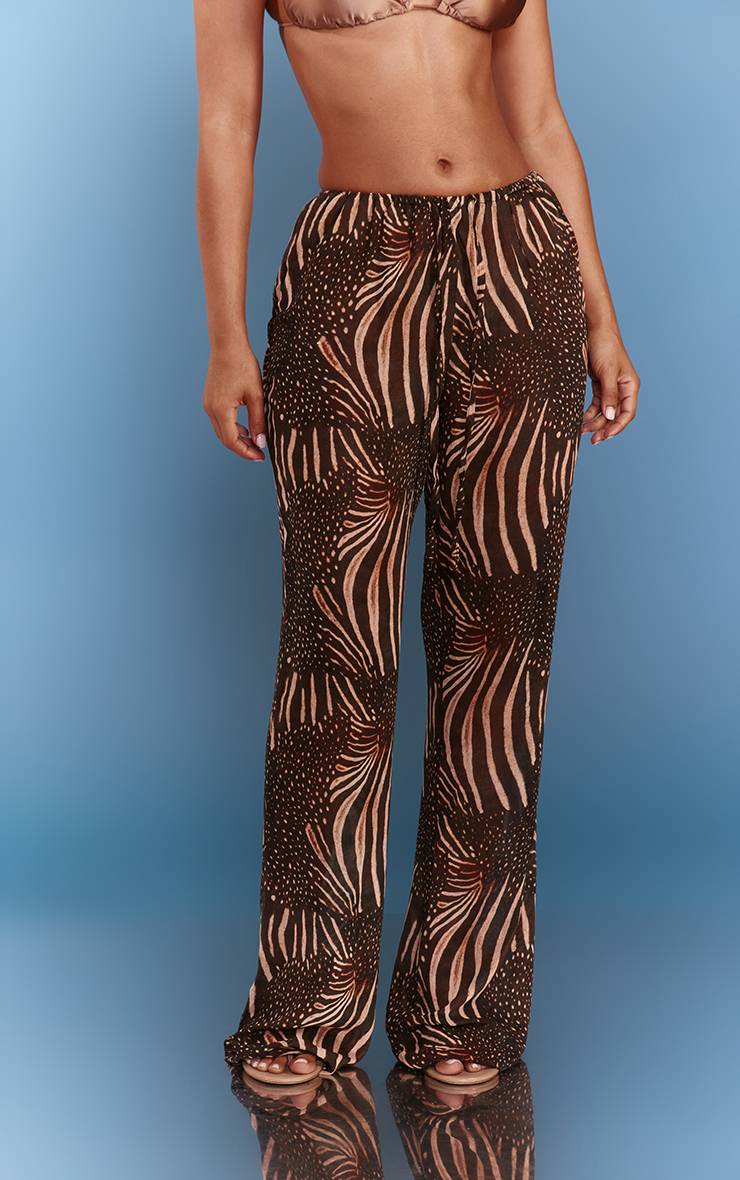 Marron Pantalon De Plage Évasé Skinny En Mousseline À Imprimé Animalier Mixte