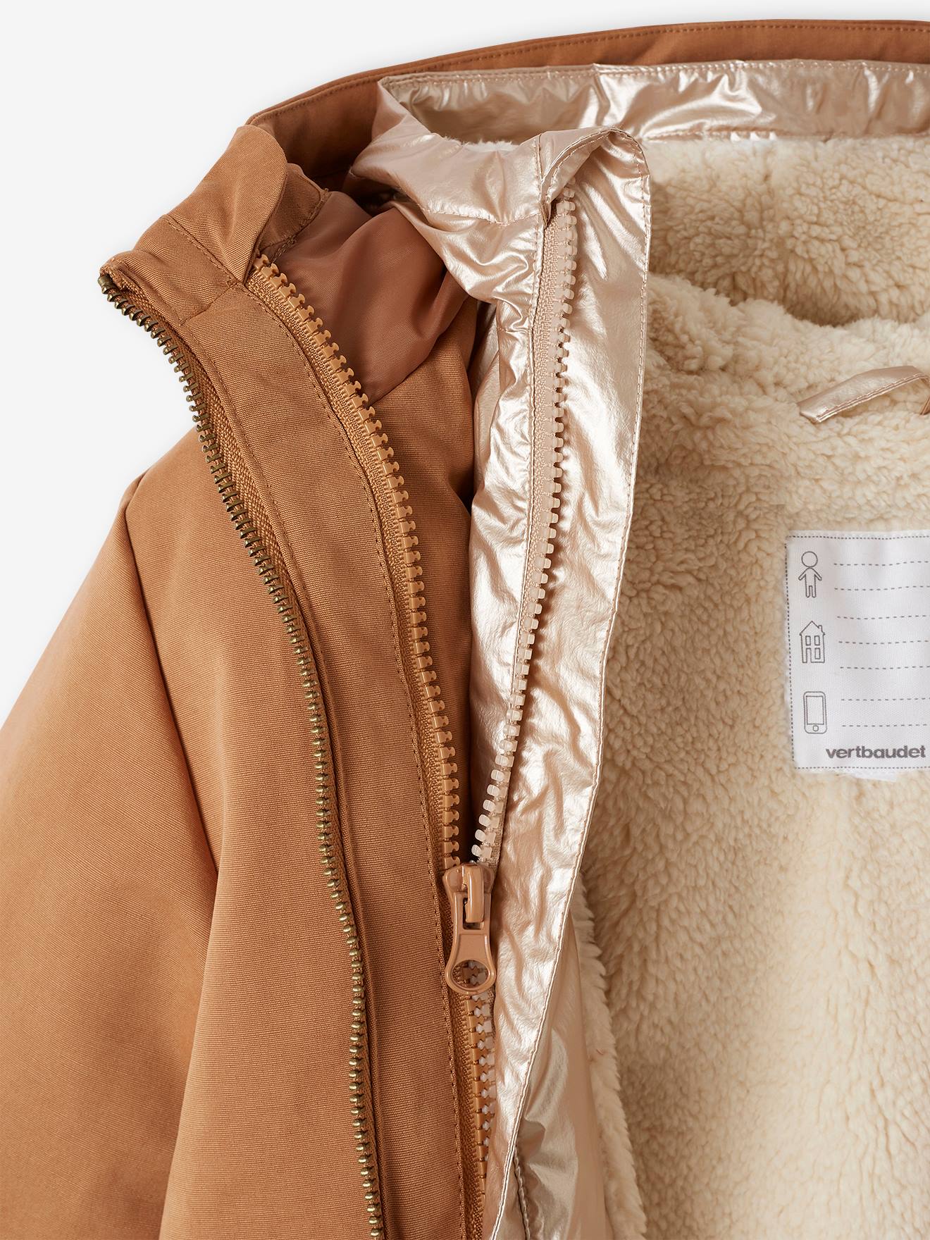 Parka verde com capuz para meninas, jaqueta acolchoada brilhante e forro de sherpa 3 em 1