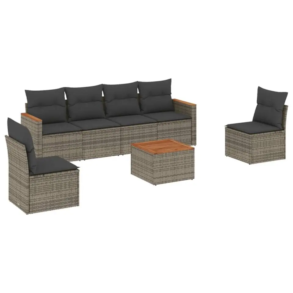 vidaXL Loungeset voor 6 met kussens en salontafel - Grijs - Poly rattan