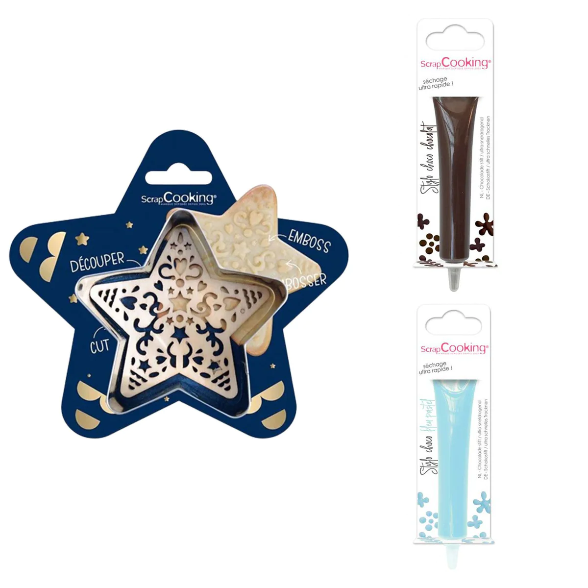 Kit pour biscuit en relief Étoile + 2 Stylos au chocolat marron et ble