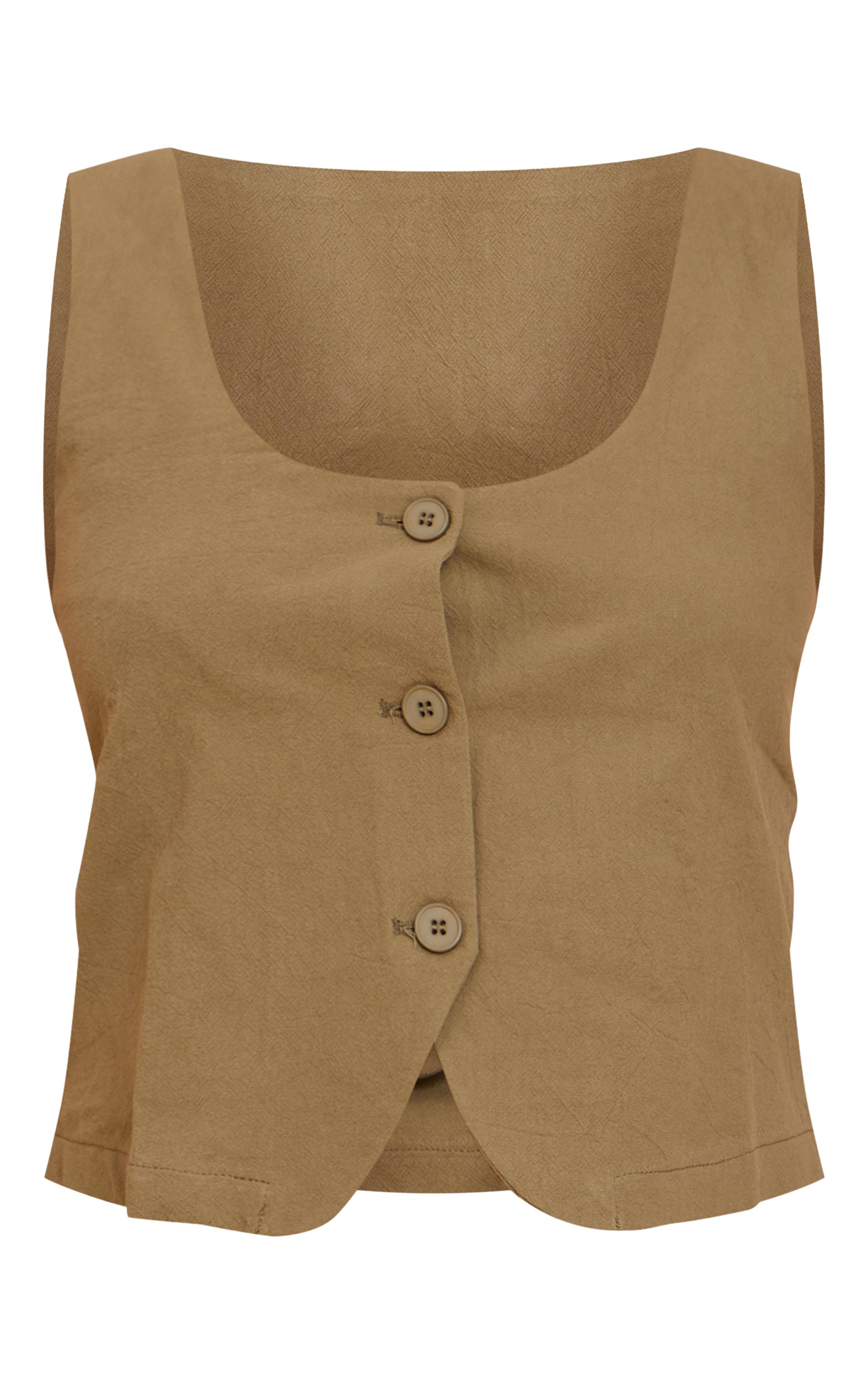 Kaki Gilet Ajusté Col Rond Aspect Lin Sur Mesure