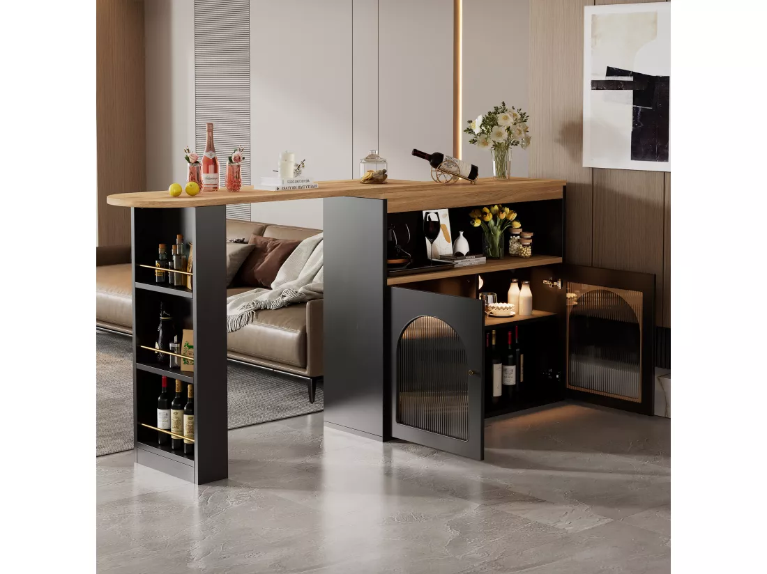 URBAN MEUBLE Buffet Table à manger extensible rotative moderne noir avec rangement et bande lumineuse LED