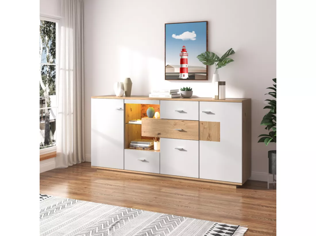 Buffet LED 160x40x77cm, armoire avec 2 portes, 4 tiroirs, étagère en verre, aspect bois meuble de salon armoire polyvalente - blanc